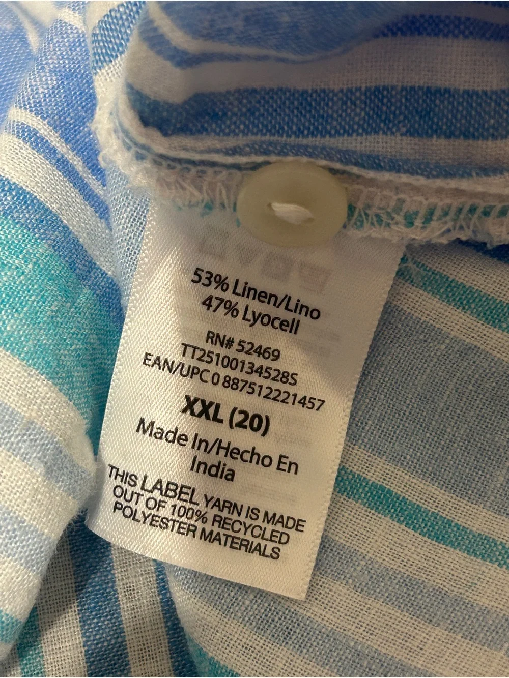 Time And Tru Women’s Beachy Blue Stripe Linen Top Button Up Sleeveless Sz XXL-20 - Picture 5 of 5
